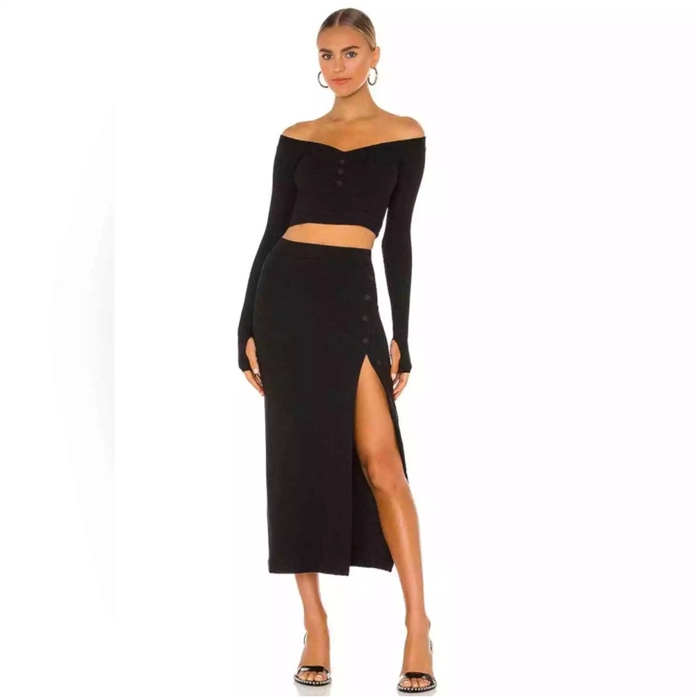 ALIX NYC Black Sexy Midi Length Skirt W/ Slit to Mid Thigh. Button detail.